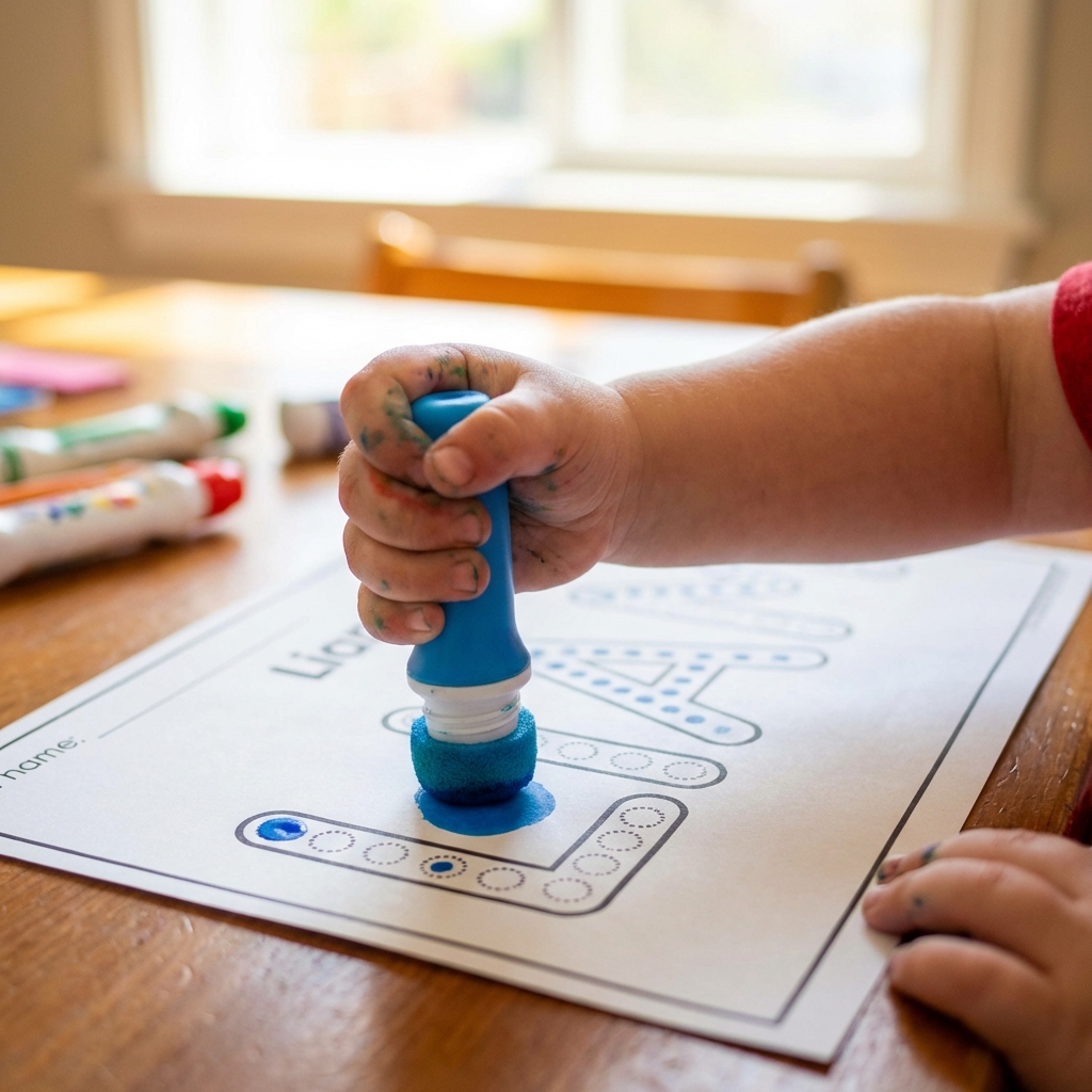 Child using bingo dauber on custom name printable
